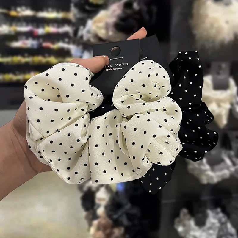 accessoires pour cheveux coréens à pois noirs et blancs haut de gamme, bandeau pour gros intestin, tempérament satiné, bandeau queue de cheval accessoires pour cheveux coréens à pois noirs et blancs haut de gamme, bandeau pour gros intestin, tempérament satiné, bandeau queue de cheval