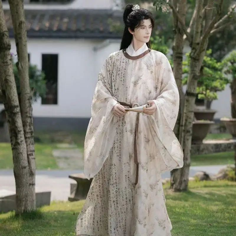 Hanfu – Robe à col rond avec impression de calligraphie traditionnelle originale, dynastie des chansons, teinture, costume d’événement de carnaval, Cosplay sur scène Hanfu – Robe à col rond avec impression de calligraphie traditionnelle originale, dynastie des chansons, teinture, costume d’événement de carnaval, Cosplay sur scène