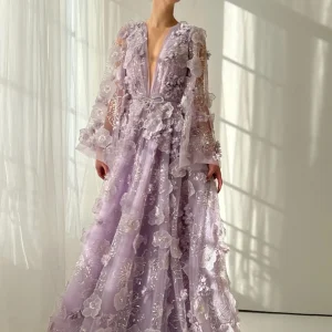 Robe de soirée violette brodée de fleurs 3D, glamour, ligne a, longueur au sol, robe de soirée formelle, nouvelles robes de Banquet élégantes personnalisées Robe de soirée violette brodée de fleurs 3D, glamour, ligne a, longueur au sol, robe de soirée formelle, nouvelles robes de Banquet élégantes personnalisées