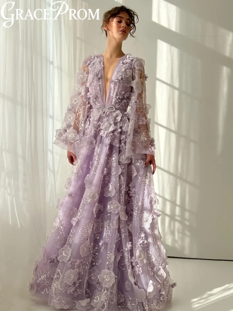 Robe de soirée violette brodée de fleurs 3D, glamour, ligne a, longueur au sol, robe de soirée formelle, nouvelles robes de Banquet élégantes personnalisées