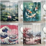 Rideaux de douche paysage japonais avec crochets, aucune fleur, poisson Koi, abstrait, montagne, vagues de la mer, décor à la maison en polyester