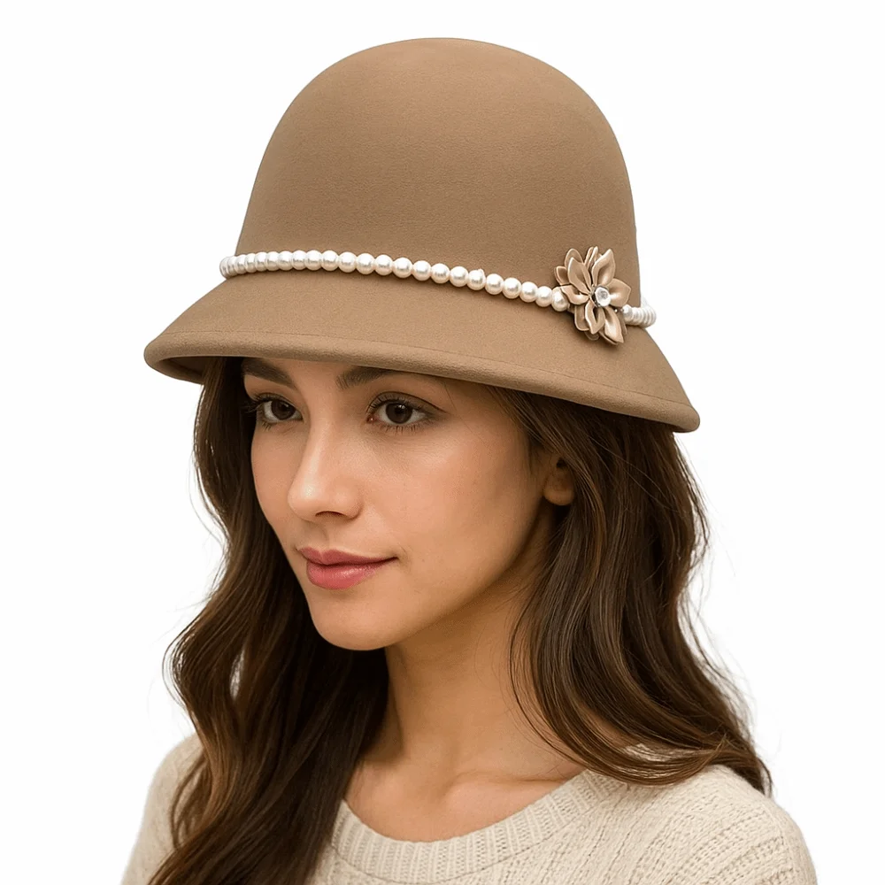 chapeau de pêcheur élégant en perles et fleurs, couleur unie, style français, hepburn, seau chaud en laine, funéraire chapeau de pêcheur élégant en perles et fleurs, couleur unie, style français, hepburn, seau chaud en laine, funéraire