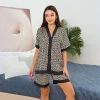 Pyjama d’été imprimé botanique pour femme, ensemble 2 pièces en tissu semblable à une soie, col Kimono, manches courtes, vêtements de maison décontractés Pyjama d’été imprimé botanique pour femme, ensemble 2 pièces en tissu semblable à une soie, col Kimono, manches courtes, vêtements de maison décontractés