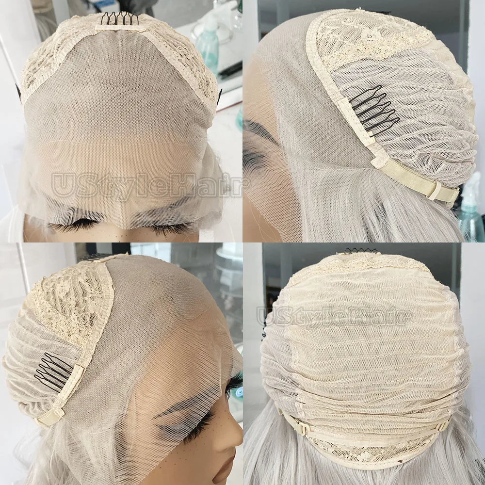 perruque lace front wig synthétique ondulée blanche, 13x4, longue, sans colle, usage quotidien, perruques de cosplay résistantes à la chaleur pour femmes perruque lace front wig synthétique ondulée blanche, 13x4, longue, sans colle, usage quotidien, perruques de cosplay résistantes à la chaleur pour femmes