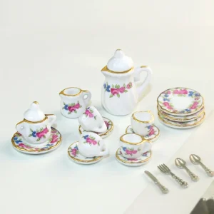 Service à Thé Miniature Maison de Courses en Céramique, Bouilloire, Beurre, Tasse, Modèle, EscalFlower, Porcelaine