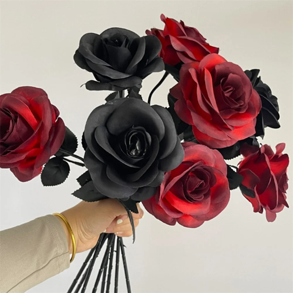 roses artificielles noires pour halloween, bouquet de fleurs gothiques noires d'horreur foncée pour la maison, fête de mariage, décor d'halloween roses artificielles noires pour halloween, bouquet de fleurs gothiques noires d'horreur foncée pour la maison, fête de mariage, décor d'halloween