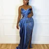 aso ebi robe de soirée africaine en satin à volants pour femme, tenue de soirée Élégante en dentelle, grande taille, disponible en noir et bleu, pour anniversaire