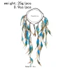 bandeau long en plumes bleues et brunes pour femmes, style bohème, festival ethnique, fête hippie, cuir, perles en bois, accessoires bijoux pour cheveux