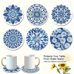 Sous-verres ronds en porcelaine bleue et blanche de Style chinois, fleur de Mandala en bois, Anti-chaud, décoration de Table pour maison, bureau, Restaurant, café Sous-verres ronds en porcelaine bleue et blanche de Style chinois, fleur de Mandala en bois, Anti-chaud, décoration de Table pour maison, bureau, Restaurant, café