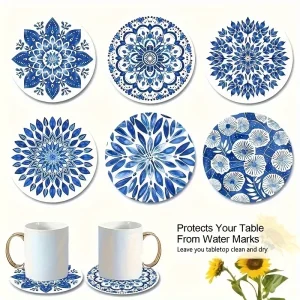Sous-verres ronds en porcelaine bleue et blanche de Style chinois, fleur de Mandala en bois, Anti-chaud, décoration de Table pour maison, bureau, Restaurant, café Sous-verres ronds en porcelaine bleue et blanche de Style chinois, fleur de Mandala en bois, Anti-chaud, décoration de Table pour maison, bureau, Restaurant, café