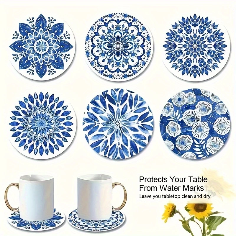 Sous-verres ronds en porcelaine bleue et blanche de Style chinois, fleur de Mandala en bois, Anti-chaud, décoration de Table pour maison, bureau, Restaurant, café Sous-verres ronds en porcelaine bleue et blanche de Style chinois, fleur de Mandala en bois, Anti-chaud, décoration de Table pour maison, bureau, Restaurant, café