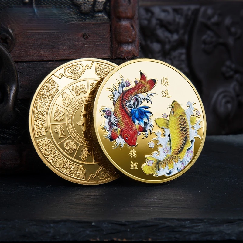 pièce commémorative chinoise fu koi, bonne chance à vous, médaille de carpe de couleur, pièce d'or et d'argent, badge artisanal en métal gaufré, cadeau pièce commémorative chinoise fu koi, bonne chance à vous, médaille de carpe de couleur, pièce d'or et d'argent, badge artisanal en métal gaufré, cadeau