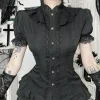 harajuku mode manches courtes dentelle patchwork chemises femmes alt techwear centre commercial gothique bouton mince blouse chemise hauts mignons