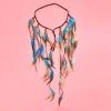 bandeau long en plumes bleues et brunes pour femmes, style bohème, festival ethnique, fête hippie, cuir, perles en bois, accessoires bijoux pour cheveux