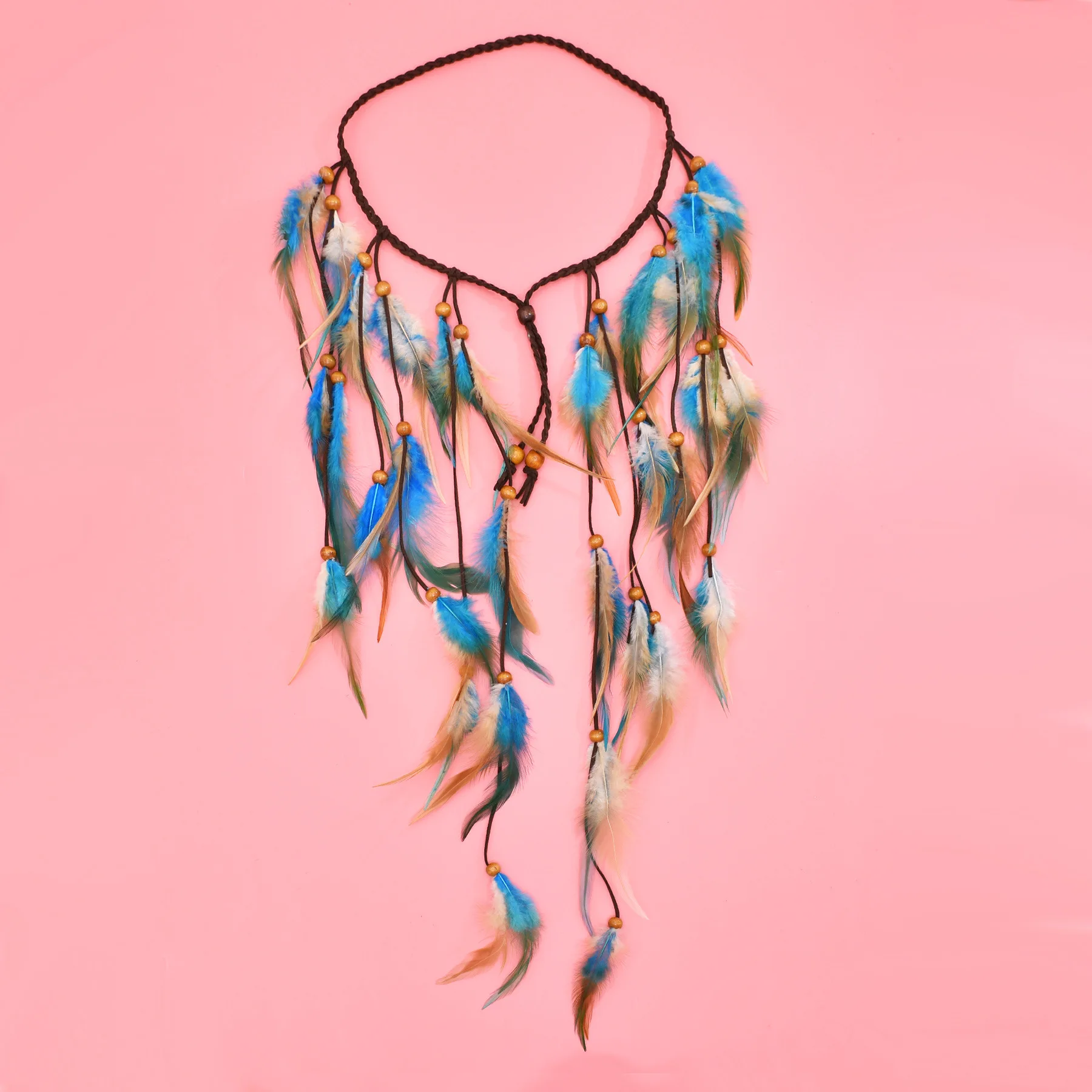 bandeau long en plumes bleues et brunes pour femmes, style bohème, festival ethnique, fête hippie, cuir, perles en bois, accessoires bijoux pour cheveux bandeau long en plumes bleues et brunes pour femmes, style bohème, festival ethnique, fête hippie, cuir, perles en bois, accessoires bijoux pour cheveux
