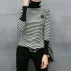 T-shirt rayé à col roulé pour femmes, pulls épissés, vêtements coréens minces, lettres de trajet, conceptions de patch de mode, printemps, automne, 2023