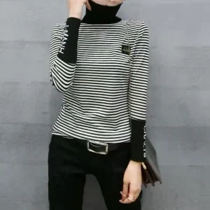 T-shirt rayé à col roulé pour femmes, pulls épissés, vêtements coréens minces, lettres de trajet, conceptions de patch de mode, printemps, automne, 2023