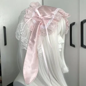 Cerceau de cheveux de lapin rose avec nœud papillon japonais, ruban en dentelle, oreilles de lapin Lolita, bandeau mignon pour Cosplay, accessoires de tête
