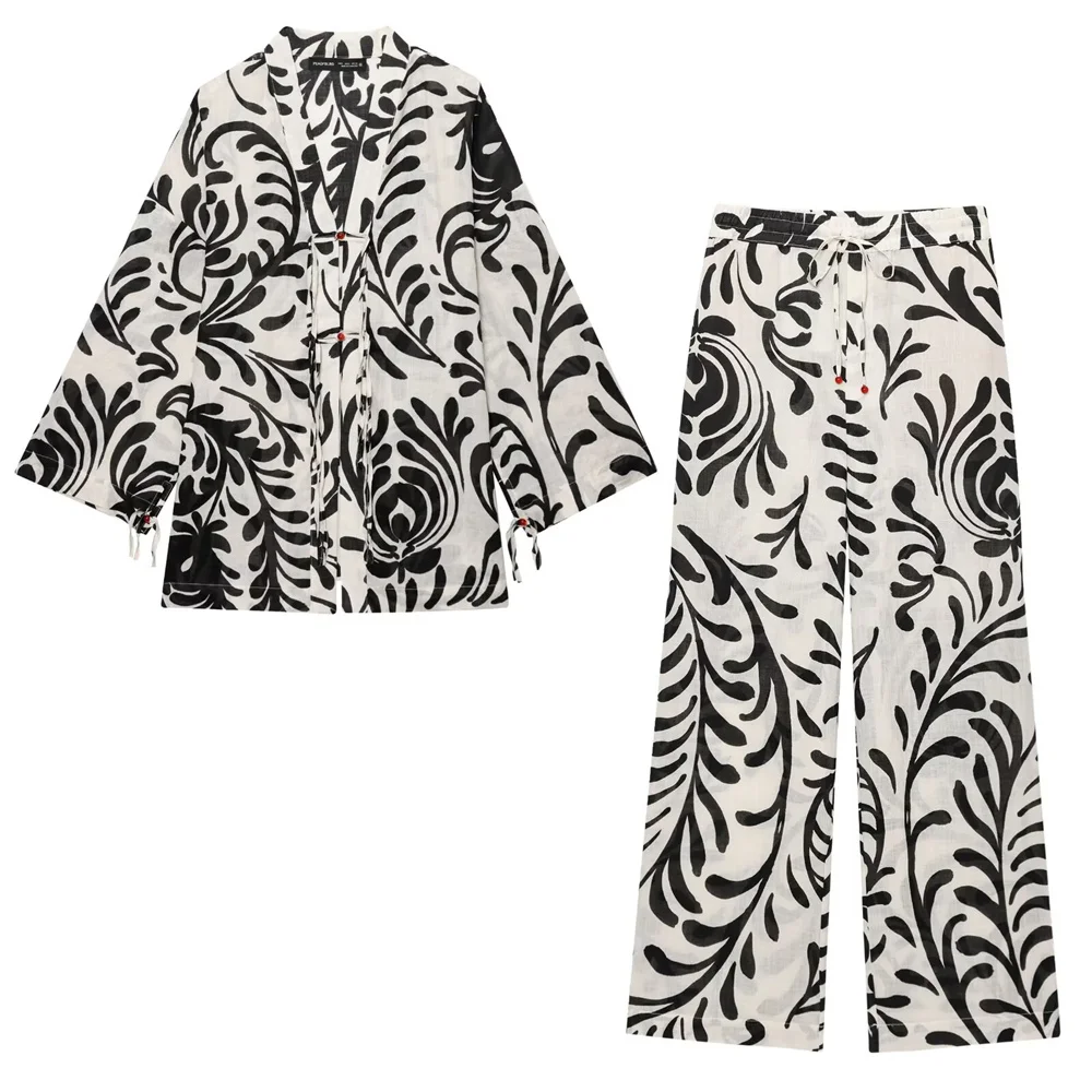 Nouveaux vêtements d’extérieur de style kimono imprimés à la mode pour femmes d’automne et pantalons taille haute Nouveaux vêtements d’extérieur de style kimono imprimés à la mode pour femmes d’automne et pantalons taille haute