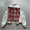 cardigan à capuche avec fermeture éclair à carreaux double face rouge rétro coréen pour hommes et femmes y2k harajuku mode hip hop gothique veste ample décontractée