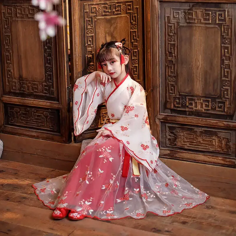 robe chinoise en soie pour filles et enfants, kimono traditionnel chinois vintage ethnique antique, costume de danse, ensemble hanfu cosplay robe chinoise en soie pour filles et enfants, kimono traditionnel chinois vintage ethnique antique, costume de danse, ensemble hanfu cosplay