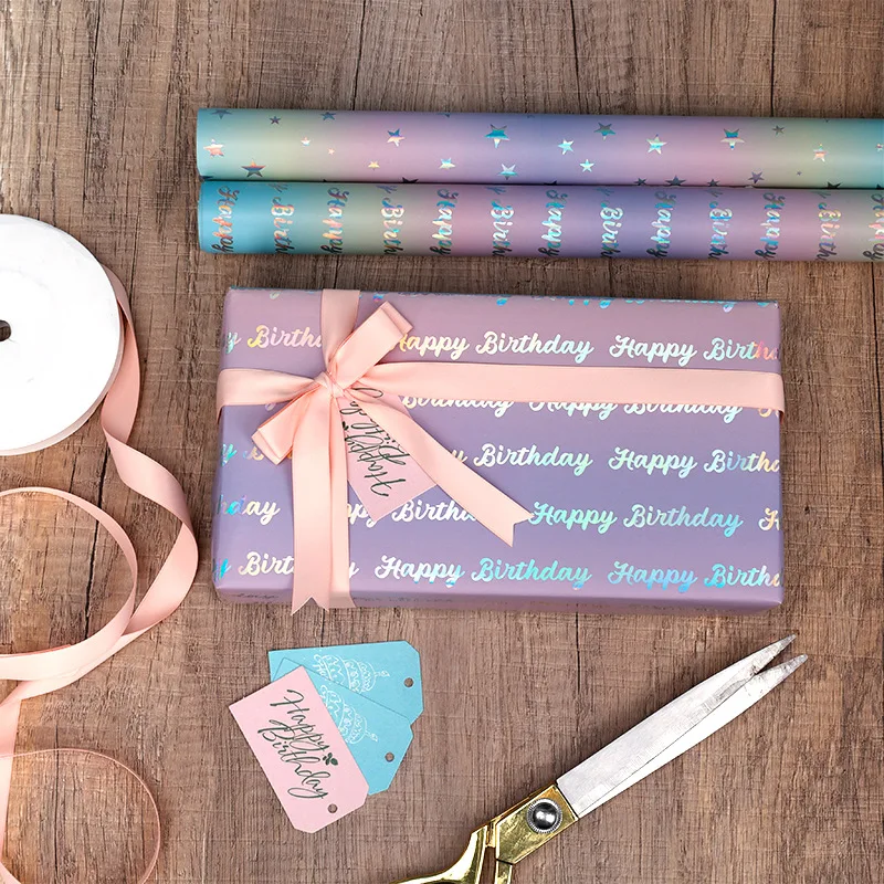 ensemble de rouleaux de papier d'emballage holographique, emballage cadeau en feuille arc en ciel brillant irisé avec points, confettis et lettrage joyeux anniversaire ensemble de rouleaux de papier d'emballage holographique, emballage cadeau en feuille arc en ciel brillant irisé avec points, confettis et lettrage joyeux anniversaire