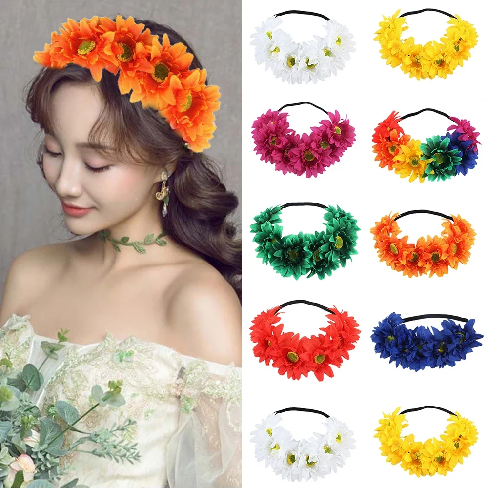 Plage tournesol élastique bandeau de cheveux bohême mode bandeau de cheveux à la main fausse fleur femmes couronne arc-en-ciel couleur romantique bandeau Plage tournesol élastique bandeau de cheveux bohême mode bandeau de cheveux à la main fausse fleur femmes couronne arc-en-ciel couleur romantique bandeau