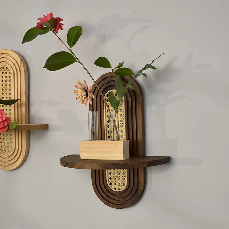 Étagère murale suspendue de Style nordique, en rotin indonésien japonais, support à fleurs en bois massif, décoration murale pour maison Étagère murale suspendue de Style nordique, en rotin indonésien japonais, support à fleurs en bois massif, décoration murale pour maison