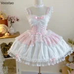 Robe japonaise douce Lolita Jsk pour femmes, élégante, à volants, en dentelle, à bandes, bretelles de princesse, Y2k, Kawaii, Mini robe de soirée thé Robe japonaise douce Lolita Jsk pour femmes, élégante, à volants, en dentelle, à bandes, bretelles de princesse, Y2k, Kawaii, Mini robe de soirée thé