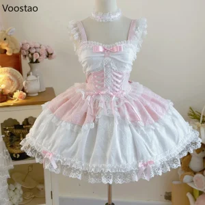 Robe japonaise douce Lolita Jsk pour femmes, élégante, à volants, en dentelle, à bandes, bretelles de princesse, Y2k, Kawaii, Mini robe de soirée thé Robe japonaise douce Lolita Jsk pour femmes, élégante, à volants, en dentelle, à bandes, bretelles de princesse, Y2k, Kawaii, Mini robe de soirée thé