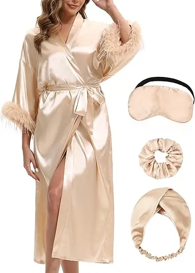 robe de mariée pour le jour de mariage, avec plumes, longue, kimono en satin, pour enterrement de vie de jeune fille, tenues prêtes robe de mariée pour le jour de mariage, avec plumes, longue, kimono en satin, pour enterrement de vie de jeune fille, tenues prêtes