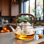 Théière en verre Borosilicate résistant à la chaleur, 37OZ/1000ML, avec bec Anti-goutte, manche en bois de pêche et couvercle, coffre-fort pour cuisinière Théière en verre Borosilicate résistant à la chaleur, 37OZ/1000ML, avec bec Anti-goutte, manche en bois de pêche et couvercle, coffre-fort pour cuisinière