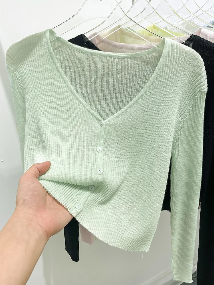 Cardigan coréen pour femmes, mince, décontracté, solide, résistant au soleil, tout-assressentiavec tout, col en V, style doux, bonbons document de base 03/3 Cardigan coréen pour femmes, mince, décontracté, solide, résistant au soleil, tout-assressentiavec tout, col en V, style doux, bonbons document de base 03/3