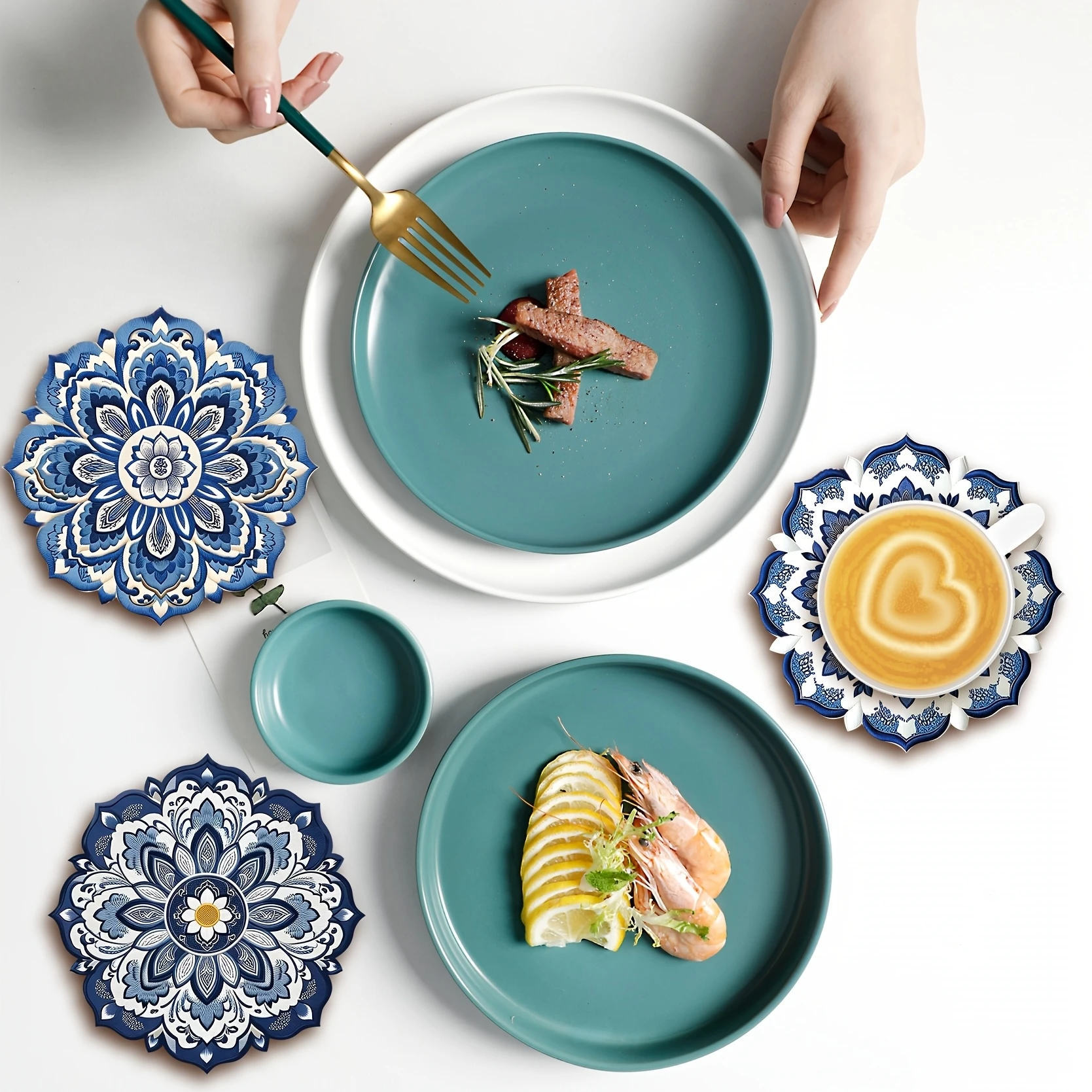 sous verres ronds en porcelaine bleue et blanche de style chinois, fleur de mandala en bois, anti chaud, décoration de table pour maison, bureau, restaurant, café sous verres ronds en porcelaine bleue et blanche de style chinois, fleur de mandala en bois, anti chaud, décoration de table pour maison, bureau, restaurant, café