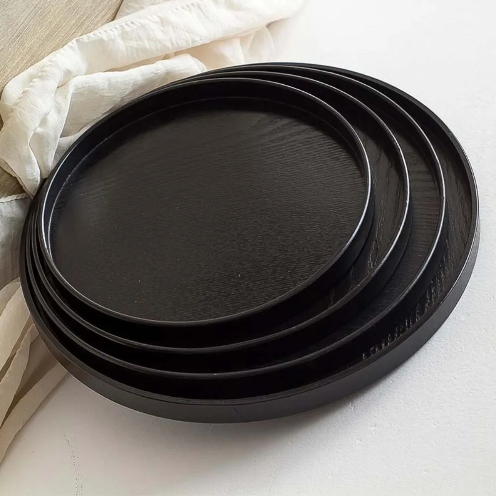 plateau de service rond multifonctionnel, plateau à thé noir en bois, assiette alimentaire japonaise, café plateau de service rond multifonctionnel, plateau à thé noir en bois, assiette alimentaire japonaise, café