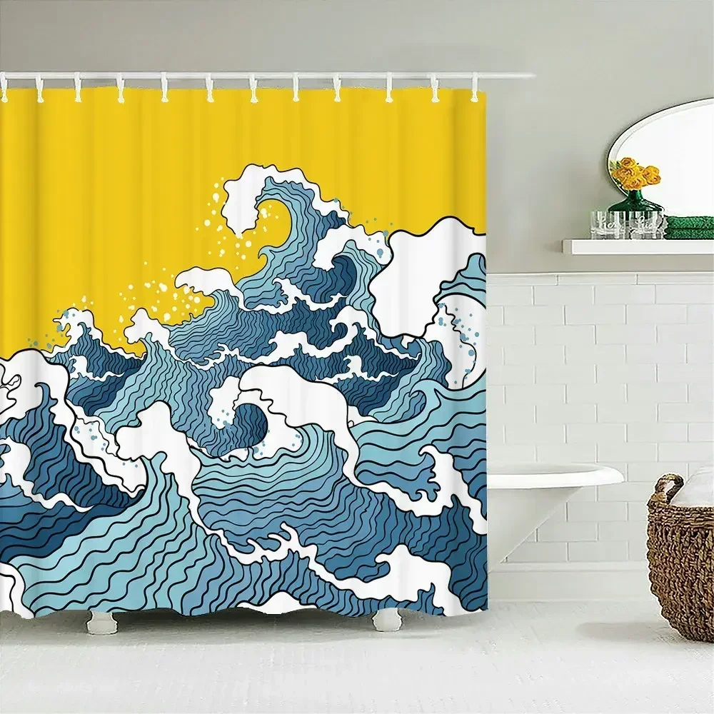 rideau de douche imprimé vagues de style japonais, avec crochets, décoration de la maison, rideaux de salle de bains, tissu polyester imperméable 180x180cm rideau de douche imprimé vagues de style japonais, avec crochets, décoration de la maison, rideaux de salle de bains, tissu polyester imperméable 180x180cm