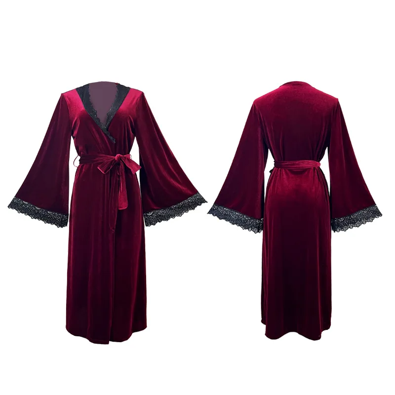 robe longue en velours à lacets pour femmes, vêtements de nuit sexy, bordeaux, kimono, peignoir, lingerie intime, vêtements de maison, nouvelle collection automne robe longue en velours à lacets pour femmes, vêtements de nuit sexy, bordeaux, kimono, peignoir, lingerie intime, vêtements de maison, nouvelle collection automne