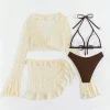 2025 sexy quatre pièces femmes maillot de bain à manches longues couvrir maillots de bain été solide bikini ensemble brésilien maillots de bain fête maillot de bain