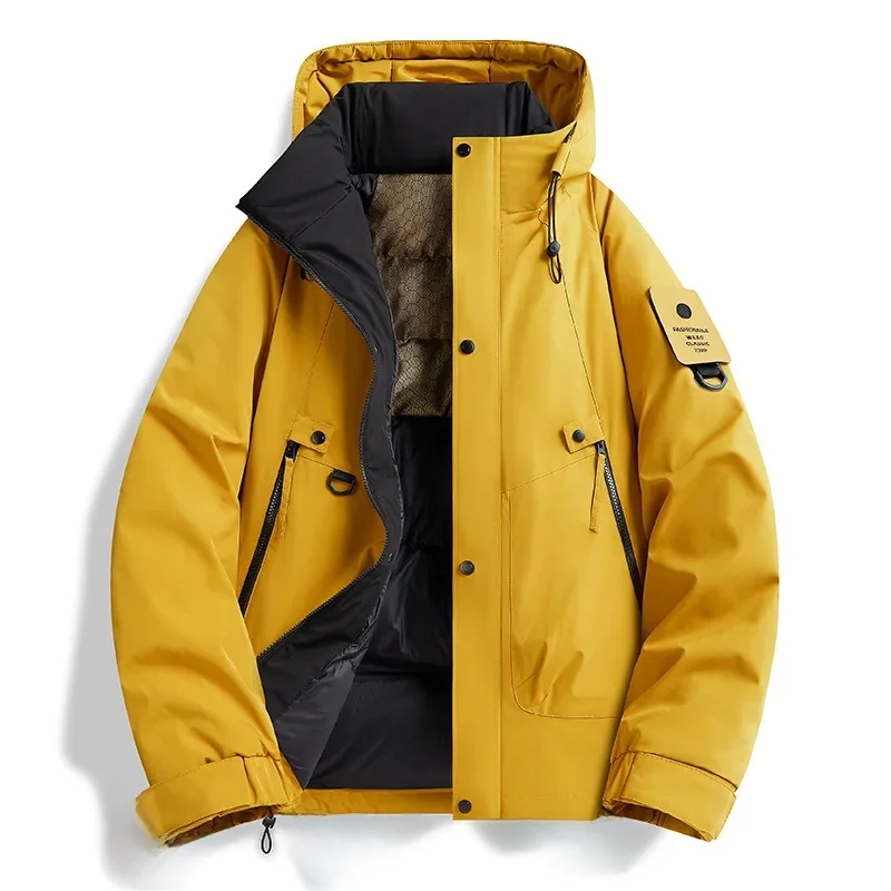 veste d'hiver harajuku pour hommes, manteau en coton épais à capuche, imperméable, bande magique, badge de bras, chaud, multi poches, style à la mode veste d'hiver harajuku pour hommes, manteau en coton épais à capuche, imperméable, bande magique, badge de bras, chaud, multi poches, style à la mode
