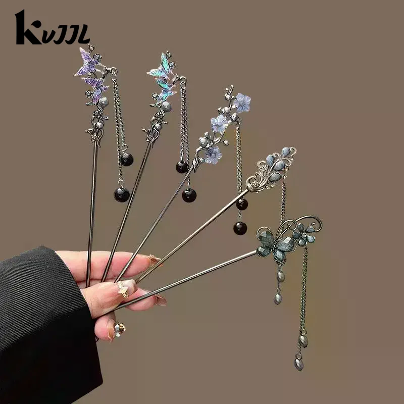 Épingle à cheveux à fleurs de style néo chinois, bâtons de cheveux à pampilles de fleurs colorées à l'encre pour femmes, bijoux en métal élégants, accessoire pour cheveux Épingle à cheveux à fleurs de style néo chinois, bâtons de cheveux à pampilles de fleurs colorées à l'encre pour femmes, bijoux en métal élégants, accessoire pour cheveux