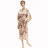 peignoir kimono à manches mi sulfpour femme, robe longue en satin imprimé floral, vêtements de nuit pour la maison