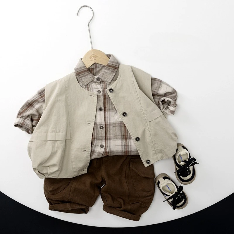 veste d'automne sans manches pour enfants, style coréen, pour garçons et filles, gilet décontracté, couleur unie, rétro japonais veste d'automne sans manches pour enfants, style coréen, pour garçons et filles, gilet décontracté, couleur unie, rétro japonais