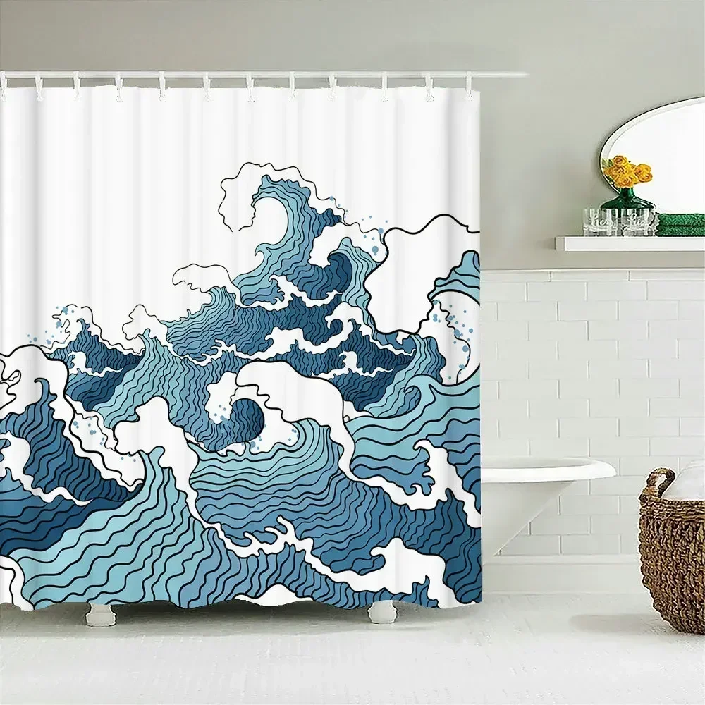 rideau de douche imprimé vagues de style japonais, avec crochets, décoration de la maison, rideaux de salle de bains, tissu polyester imperméable 180x180cm rideau de douche imprimé vagues de style japonais, avec crochets, décoration de la maison, rideaux de salle de bains, tissu polyester imperméable 180x180cm