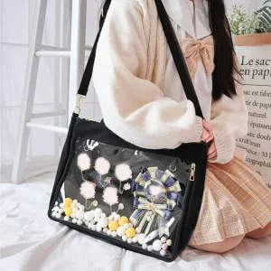 Sac à main japonais transparent pour femmes, grand sac Ita noir avec insert, sacs à main Kawaii pour filles, sacs à main à double sangles Sac à main japonais transparent pour femmes, grand sac Ita noir avec insert, sacs à main Kawaii pour filles, sacs à main à double sangles