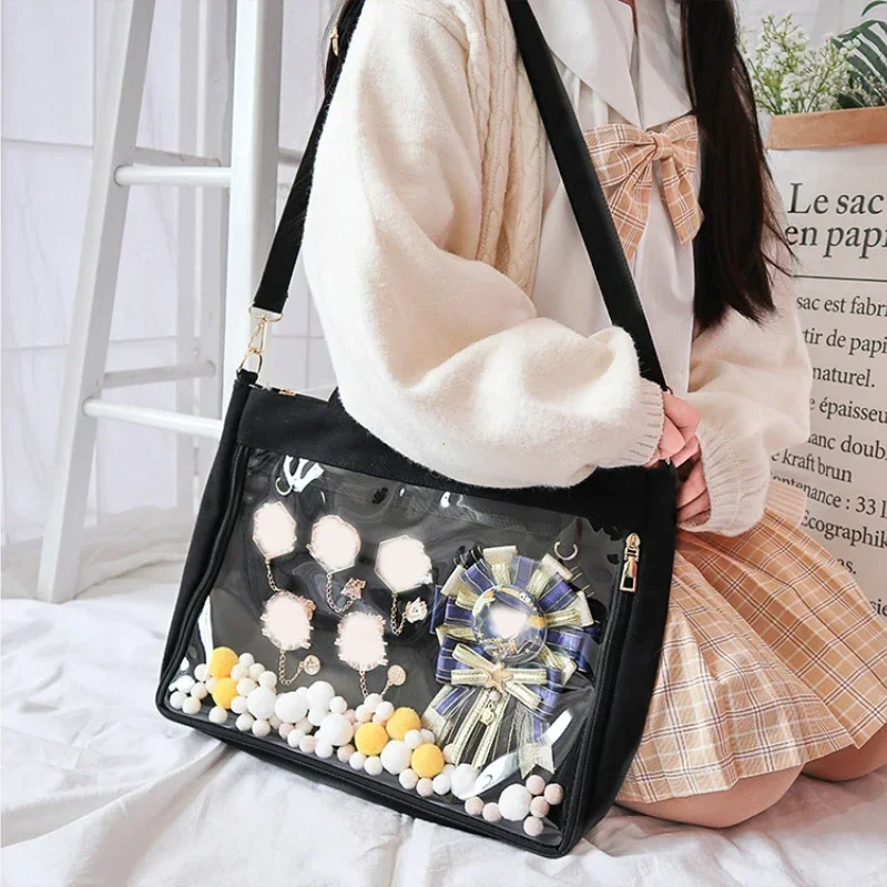 Sac à main japonais transparent pour femmes, grand sac Ita noir avec insert, sacs à main Kawaii pour filles, sacs à main à double sangles Sac à main japonais transparent pour femmes, grand sac Ita noir avec insert, sacs à main Kawaii pour filles, sacs à main à double sangles