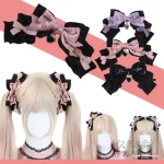 Pince à cheveux avec nœud noir et rose, accessoires japonais Y2K Jirai Kei Lolita, accessoire fait à la main, couvre-chef féminin, Costume de Cosplay