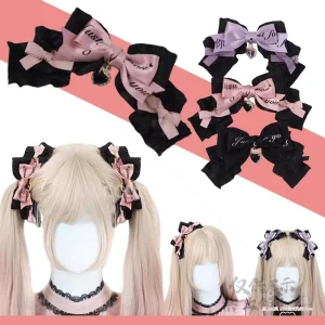 Pince à cheveux avec nœud noir et rose, accessoires japonais Y2K Jirai Kei Lolita, accessoire fait à la main, couvre-chef féminin, Costume de Cosplay