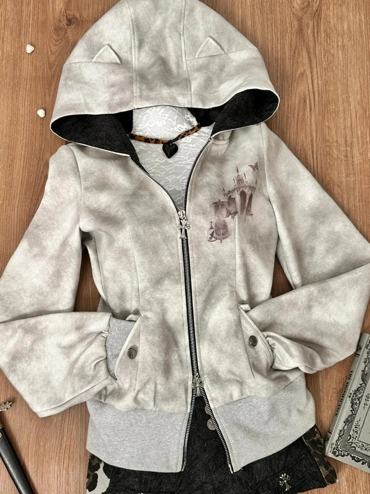 sweat à capuche gothique gris harajuku pour femmes, vintage américain y2k hottie, veste amincissante, sous culture d'automne, manteau cardigan à fermeture éclair, nouvelle collection sweat à capuche gothique gris harajuku pour femmes, vintage américain y2k hottie, veste amincissante, sous culture d'automne, manteau cardigan à fermeture éclair, nouvelle collection