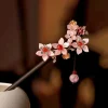 bâtons de cheveux à fleurs chinoises, fourchette à cheveux hanfu faite à la main de style ancien avec pompon, chignon de fête, épingles à cheveux en bois pour femmes et filles