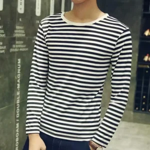 Pull rayé à manches longues pour hommes, chemise de base décontractée Harajuku, maillot de corps en Y, noir carillon, blanc Pull rayé à manches longues pour hommes, chemise de base décontractée Harajuku, maillot de corps en Y, noir carillon, blanc